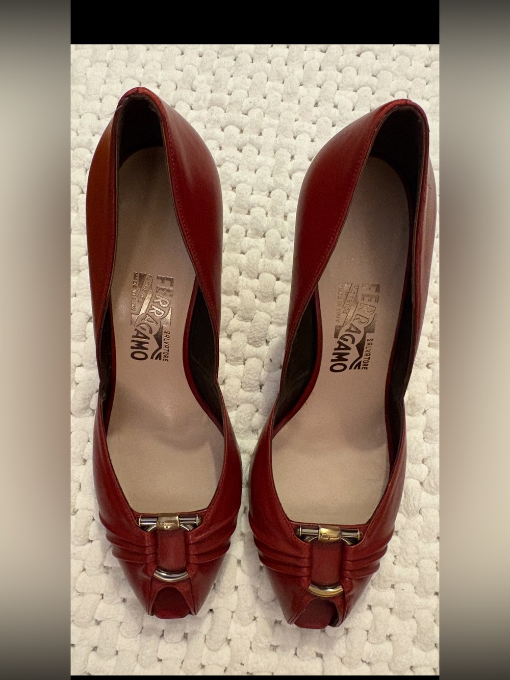 Salvatore Ferragamo Burgundy Leather Peep-Toe Pumps, Gancini Hardware